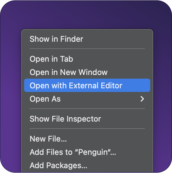 An image of the Xcode right click menu with External Editor selected