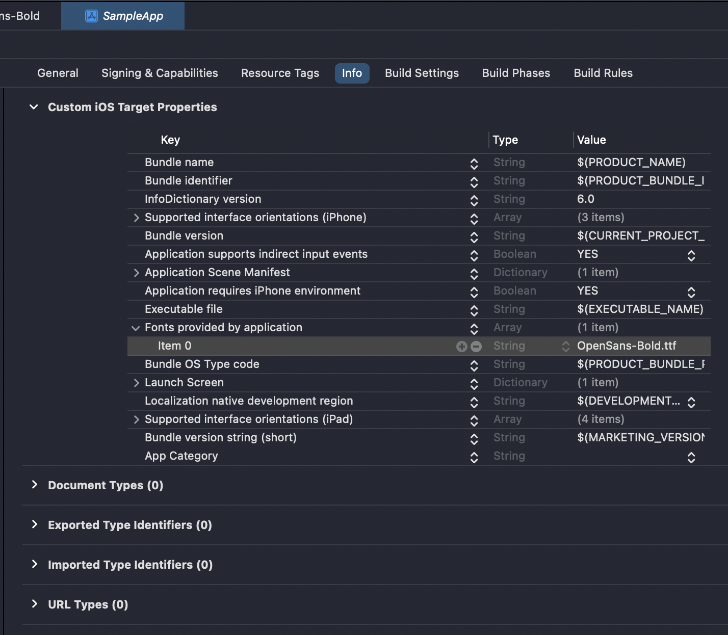 An image of Xcode on the bundle info screen showing fonts being added to the plist