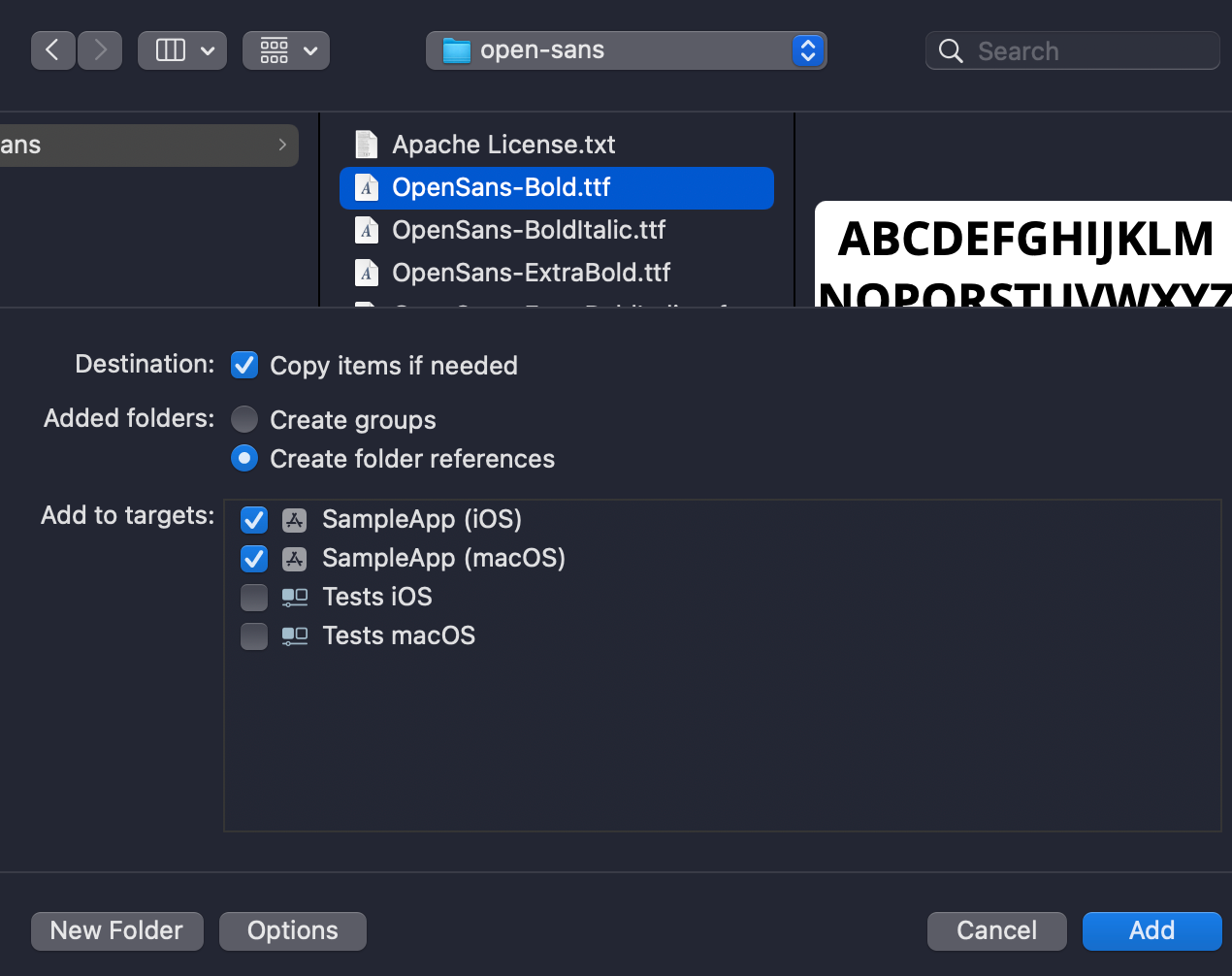 An image of the Xcode with a bunch of fonts selected